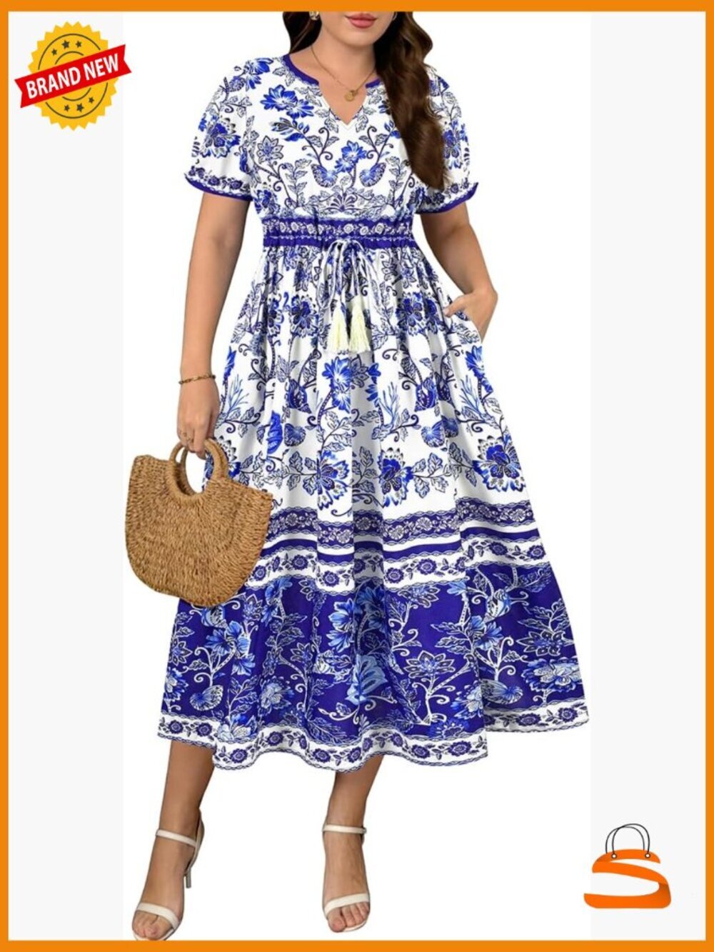 Plus Size Midi Dress V Neck Short Sleeve Ruffle Flowy Boho Drawstring Tassel